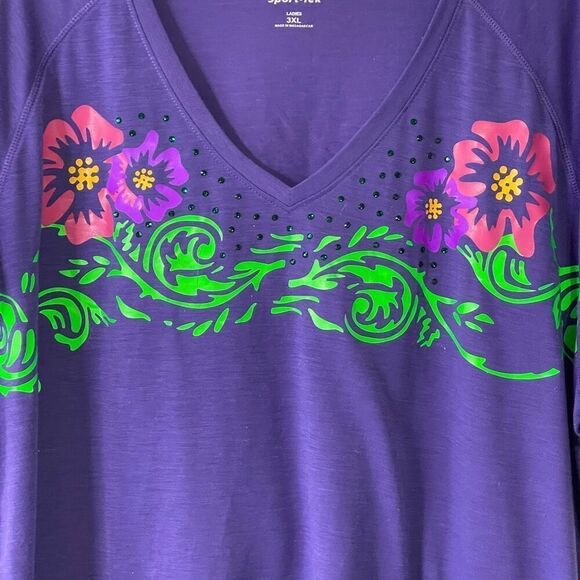 Sport-Tek Women's Floral V-neck Gems Short Sleeve Shirt Purple 3XL‎ - Picture 3 of 10